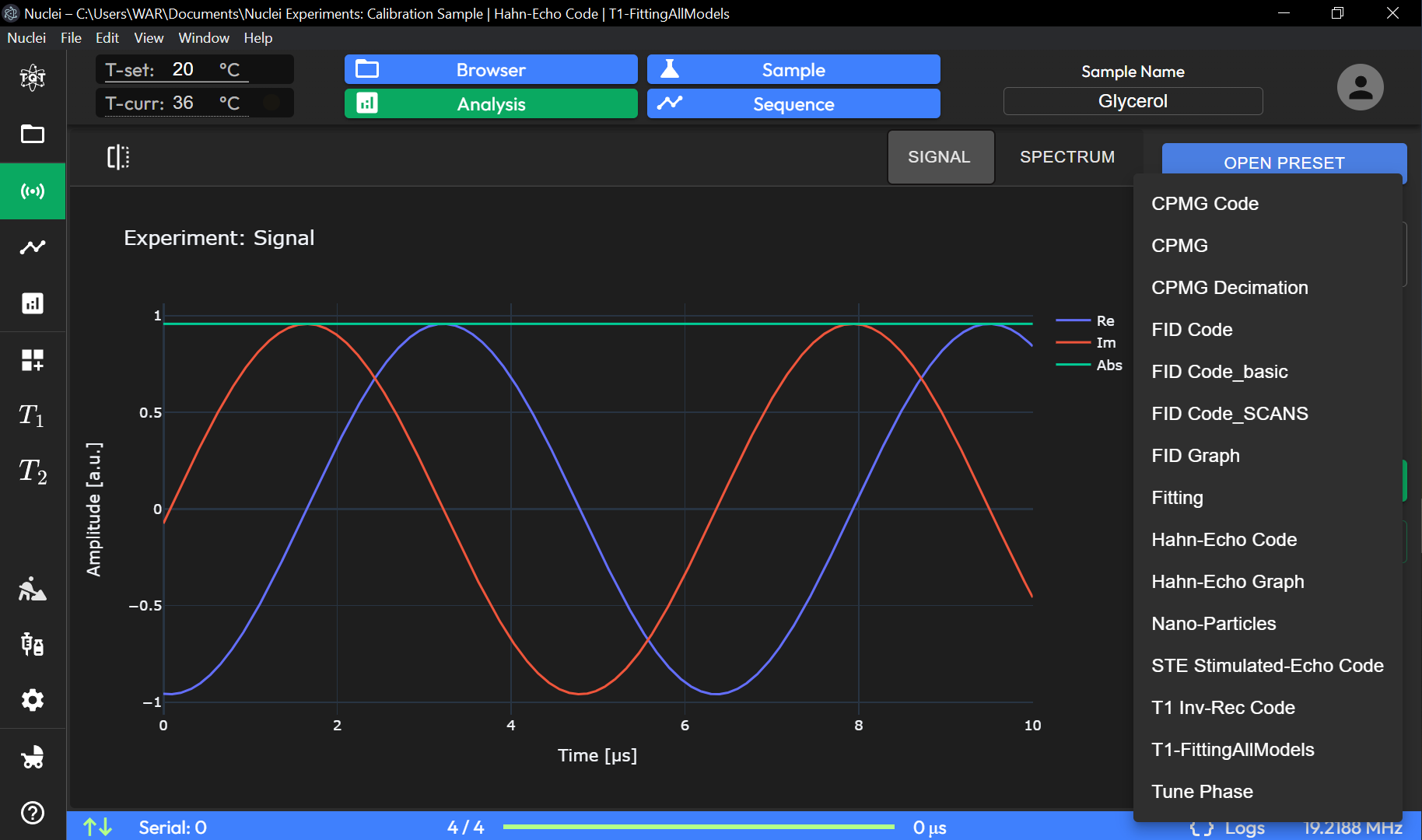 Acquisition Page - Choosing Experimental preset